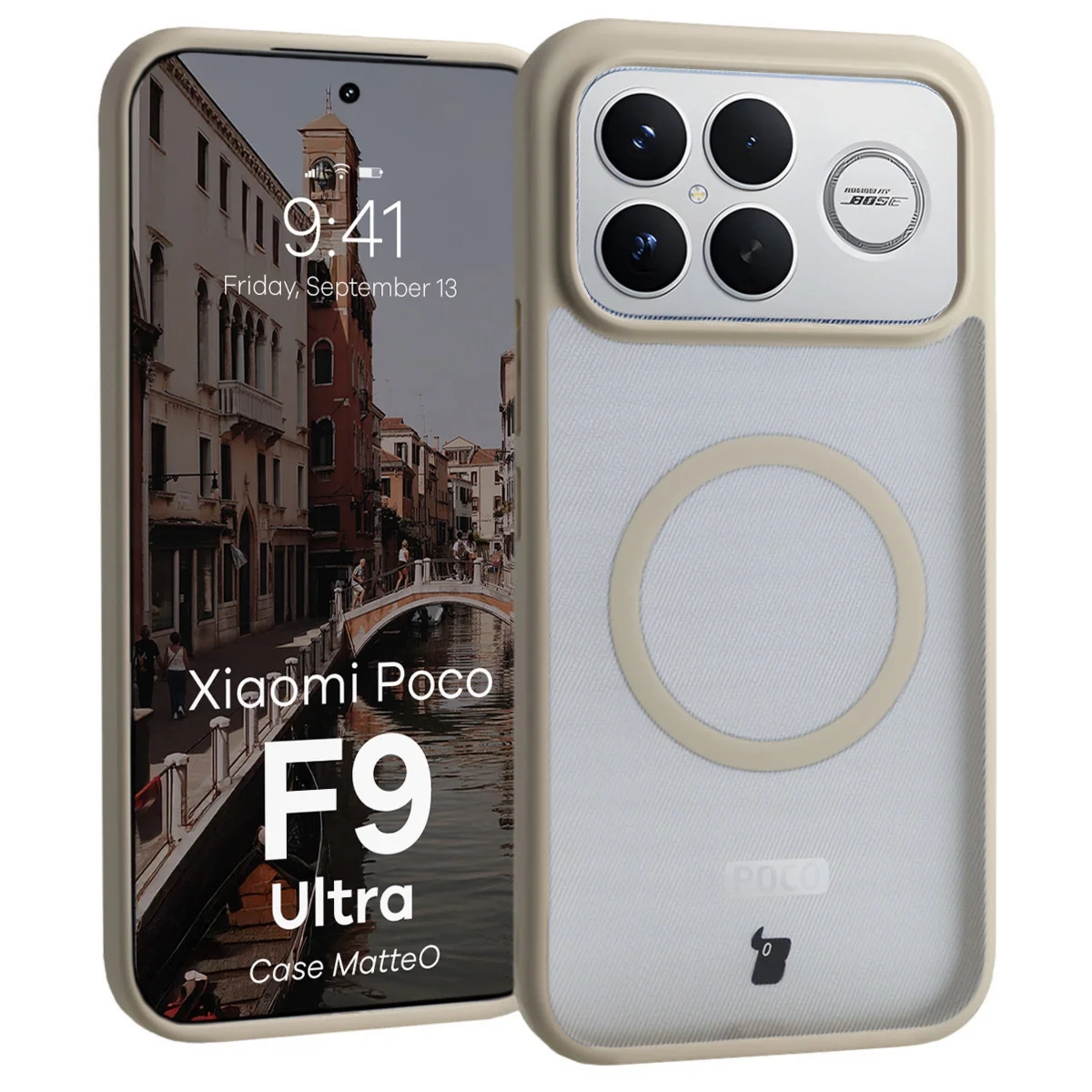 Etui z pierścieniem magnetycznym Bizon Case MatteO do Xiaomi POCO F9 Ultra, przydymione-beżowe