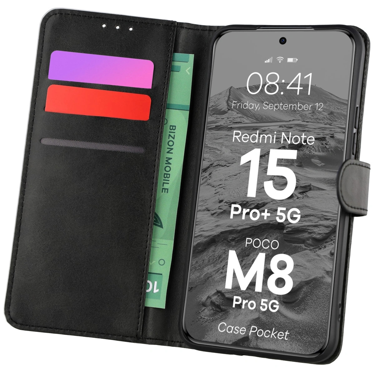 Etui z klapką Bizon Case Pocket do Xiaomi Redmi Note 15 Pro Plus 5G / POCO M8 Pro 5G, czarne