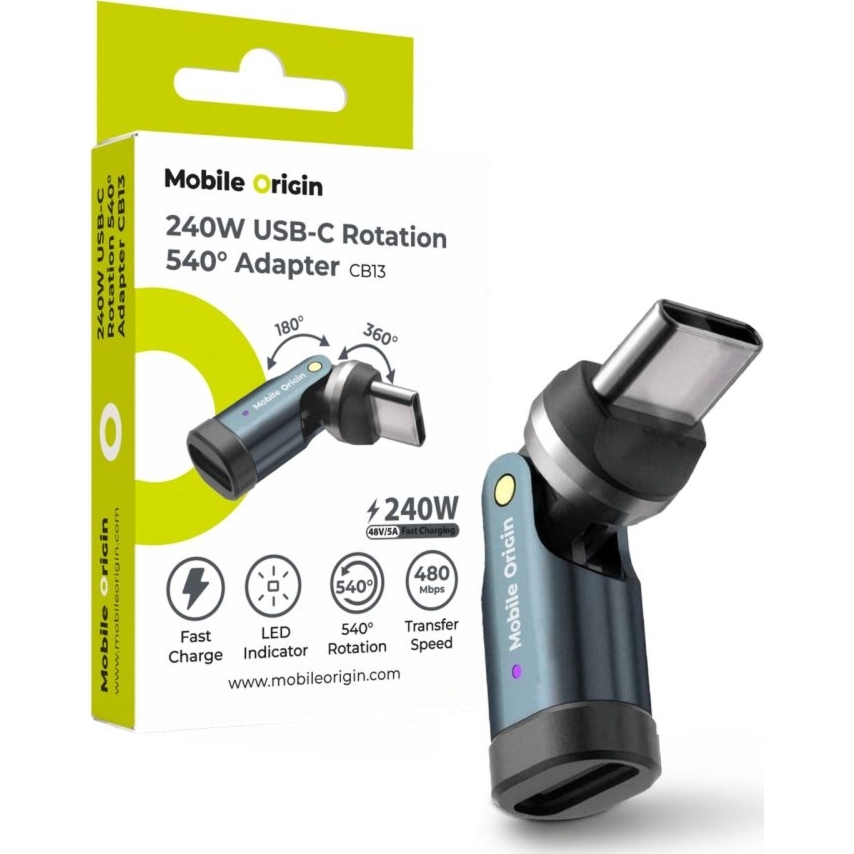 Obrotowy adapter 540° USB-C, 240W Mobile Origin CB13 Swivel Adapter, szary