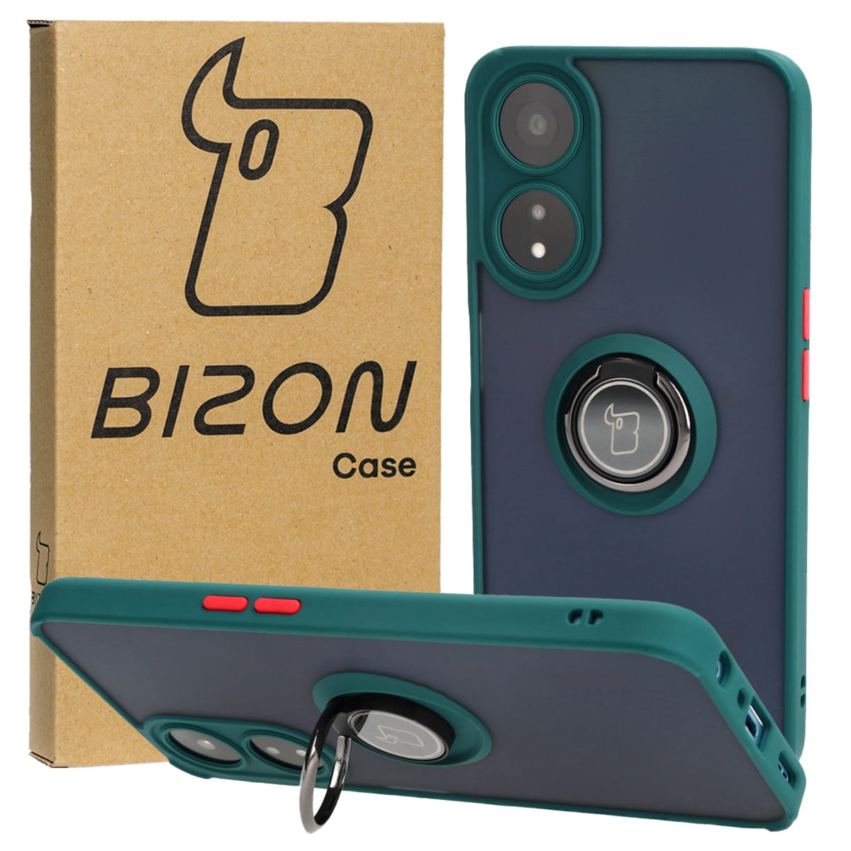 Image of Etui z uchwytem na palec Bizon Case Hybrid Ring do Oppo A78 5G, przydymione z ciemnozieloną ramką