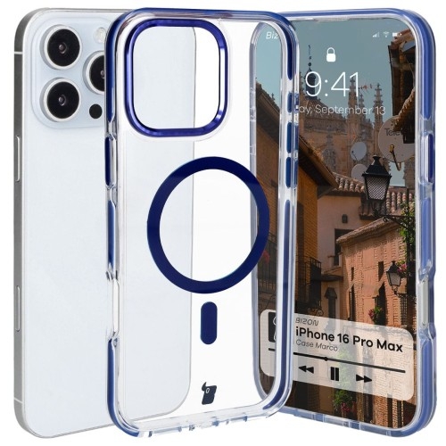 Image of Etui z pierścieniem magnetycznym Bizon Case Marco do iPhone 16 Pro Max, przezroczyste z niebieską ramką