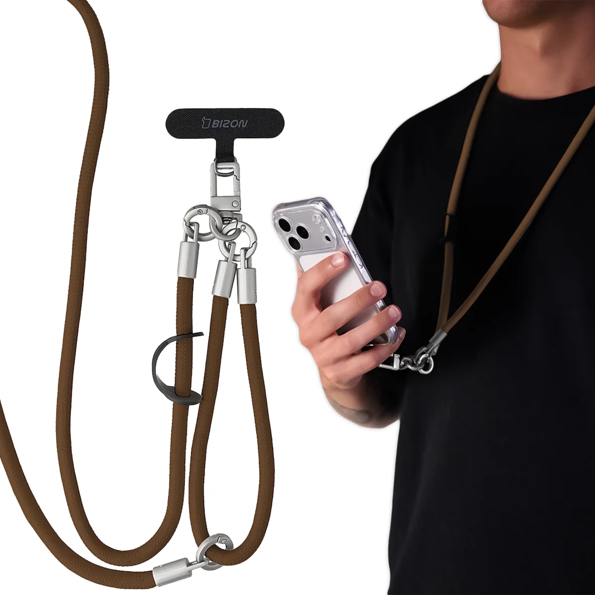 Uniwersalna smycz do telefonu na nadgarstek, szyję i ramię Bizon Accessories ReLoop, brązowa