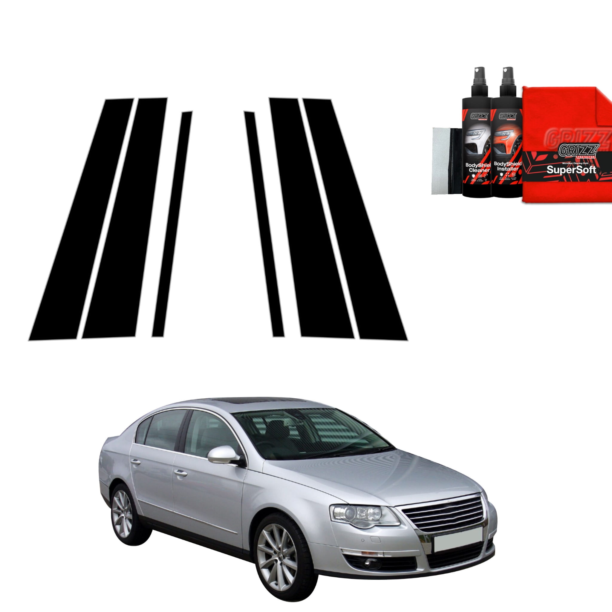 6w1 Czarna folia Grizz Protector na słupki do Volkswagen Passat B6 Sedan (2005-2010)