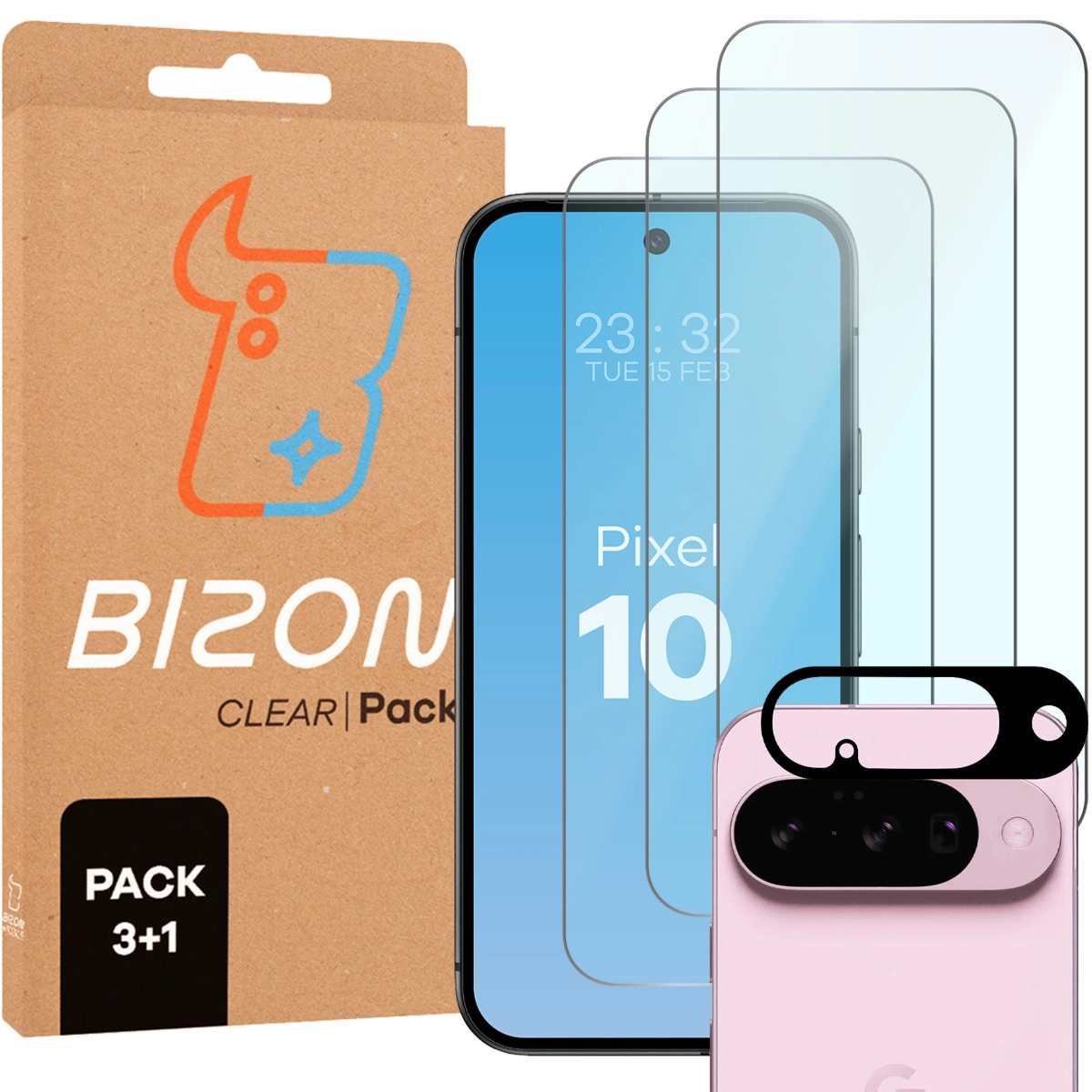 3x Szkło hartowane + szybka na aparat Bizon Glass Clear Pack do Google Pixel 10