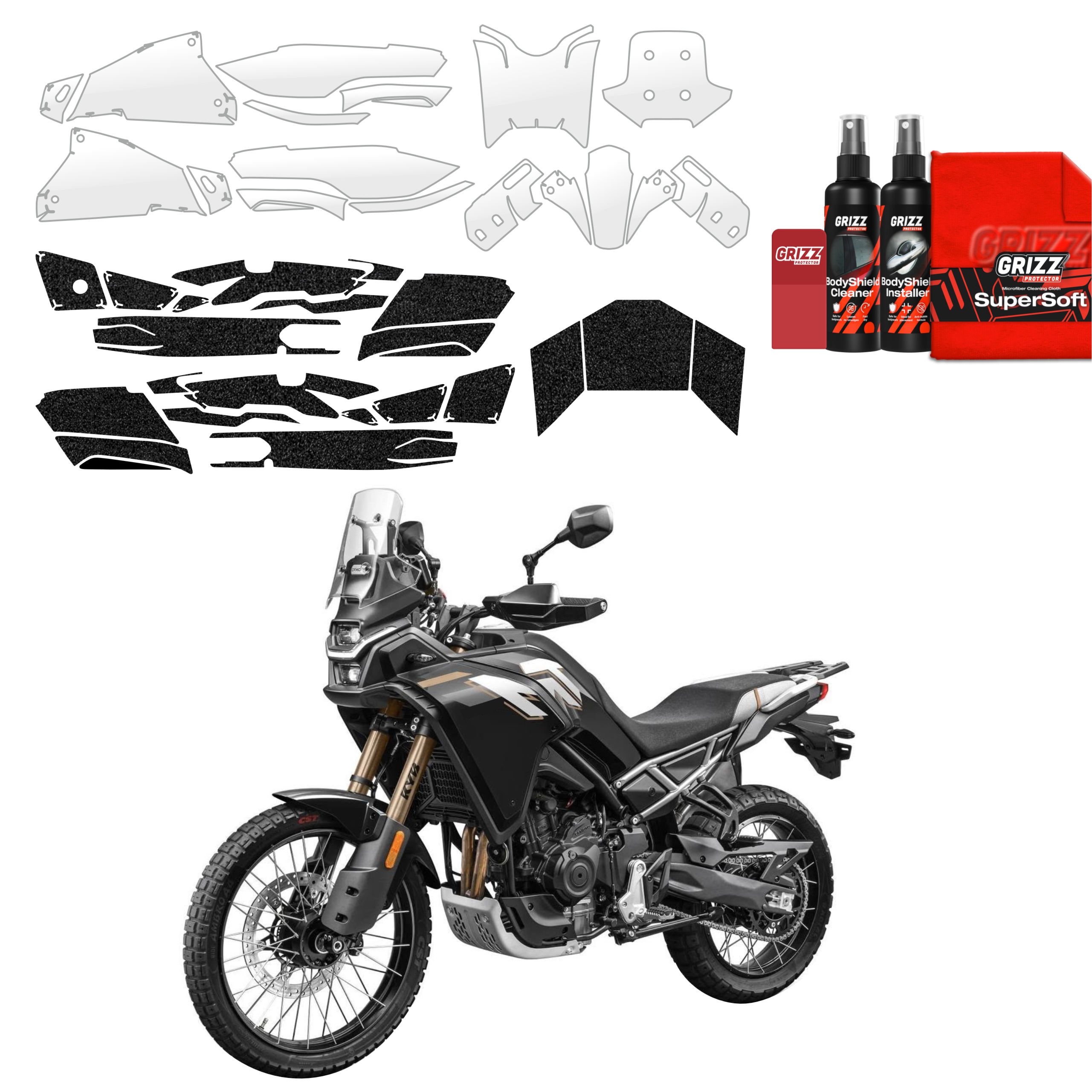 42w1 Bezbarwna folia ochronna i czarna powłoka techniczna Grizz Protector do CFMOTO 450MT (2024-2026)