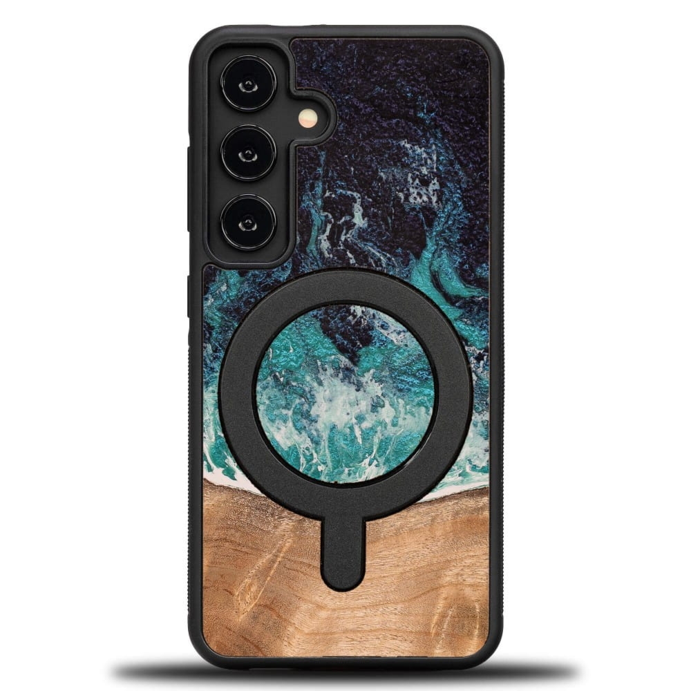 Drewniane etui do Galaxy S25 FE, Bewood Unique Dream Island do MagSafe, niebiesko-brązowe