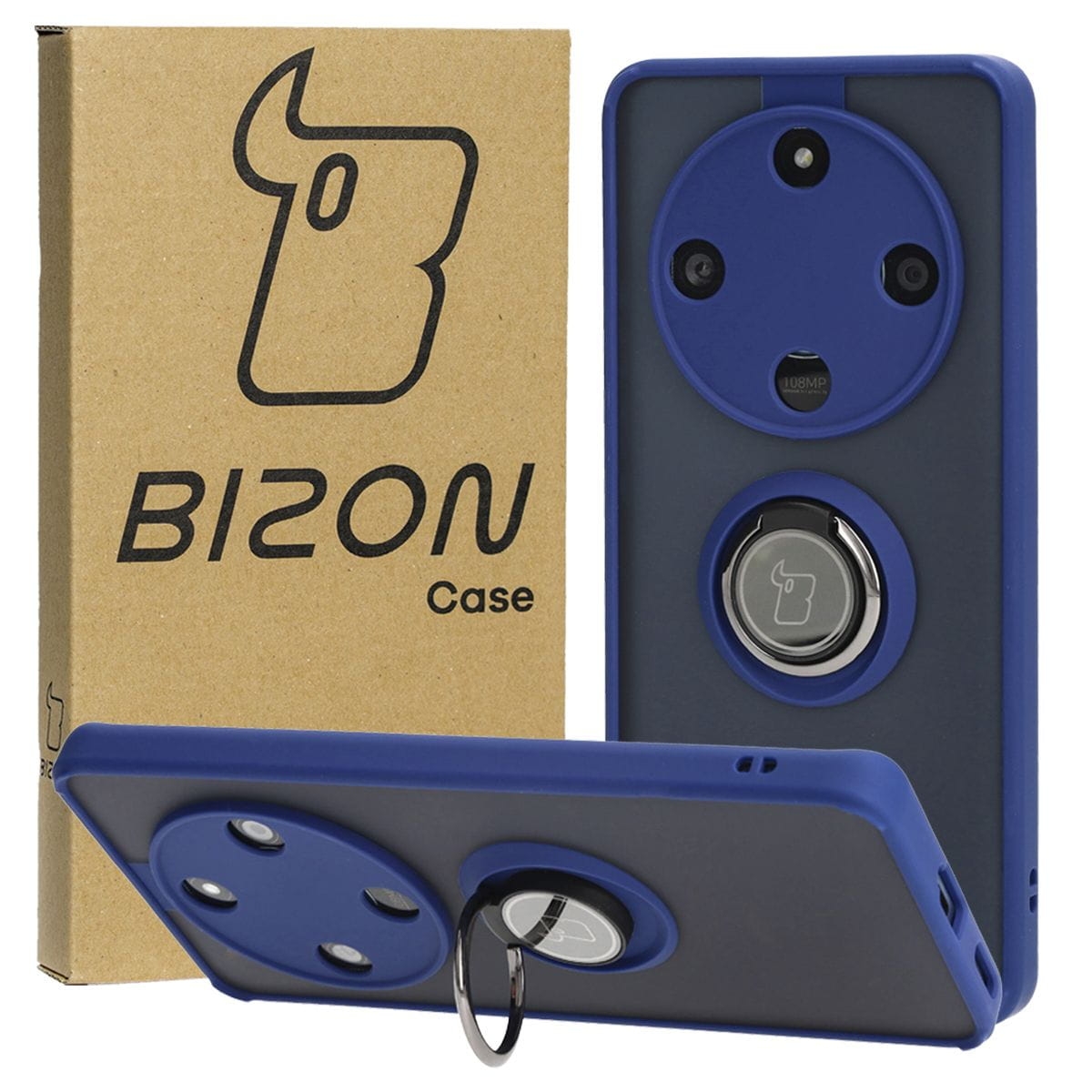 Image of Etui z uchwytem na palec Bizon Case Hybrid Ring do Honor Magic6 Lite, przydymione z granatową ramką