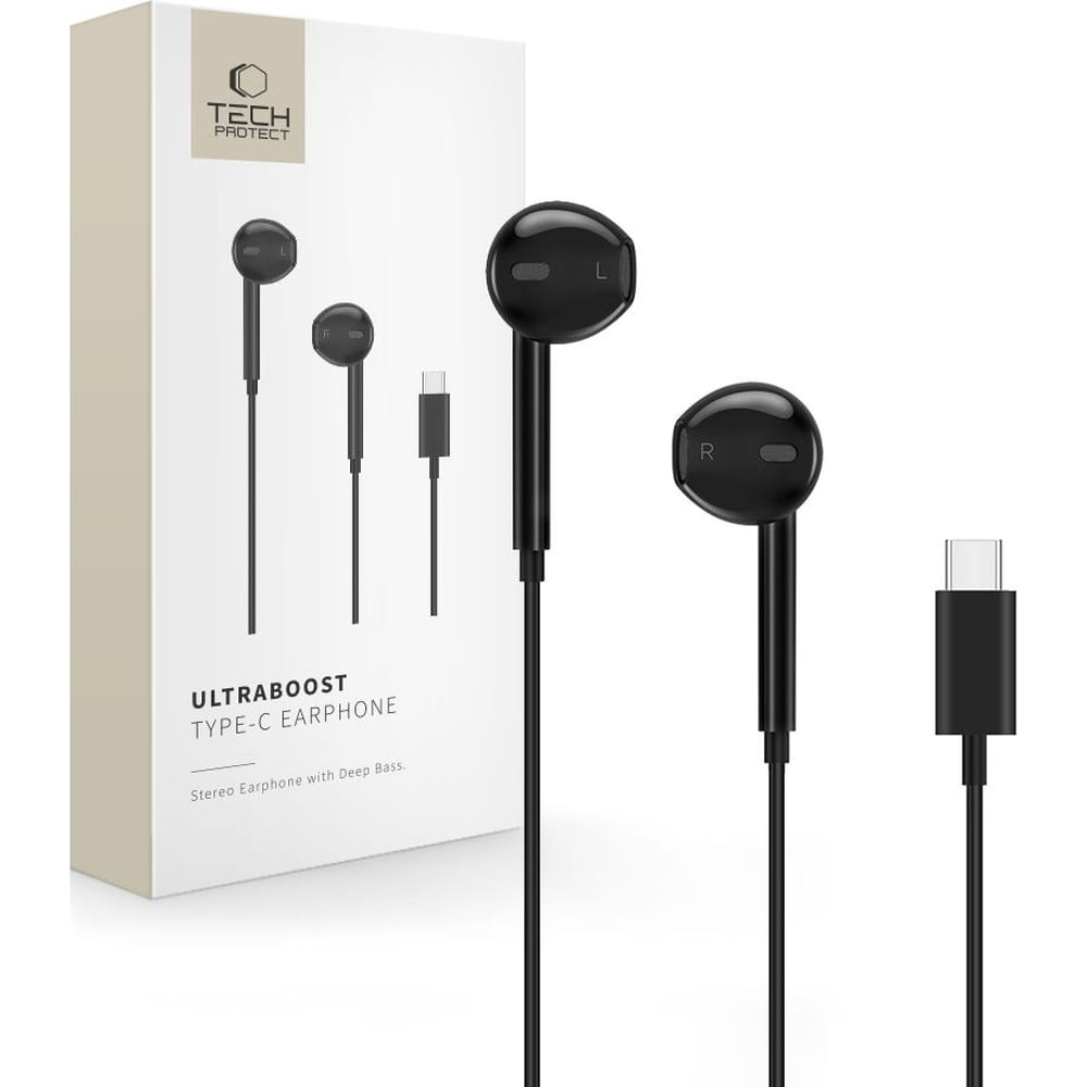 Image of Słuchawki przewodowe douszne Tech-Protect UltraBoost Core, USB-C, 1.2 m, czarne