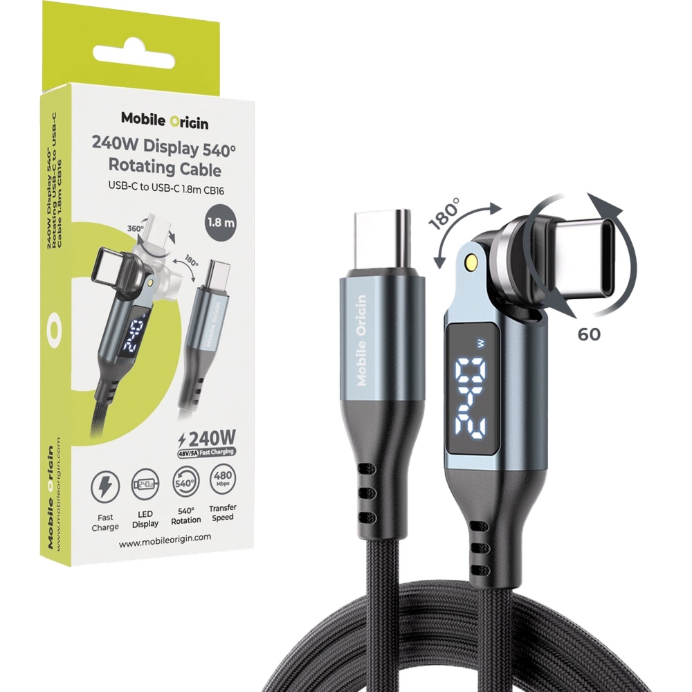 Kabel z obrotową końcówką 540°, USB-C – USB-C 240W, Mobile Origin CB16, Power Delivery 3.1, z oplotem i wyświetlaczem LED, 1,8m, ciemnoszary