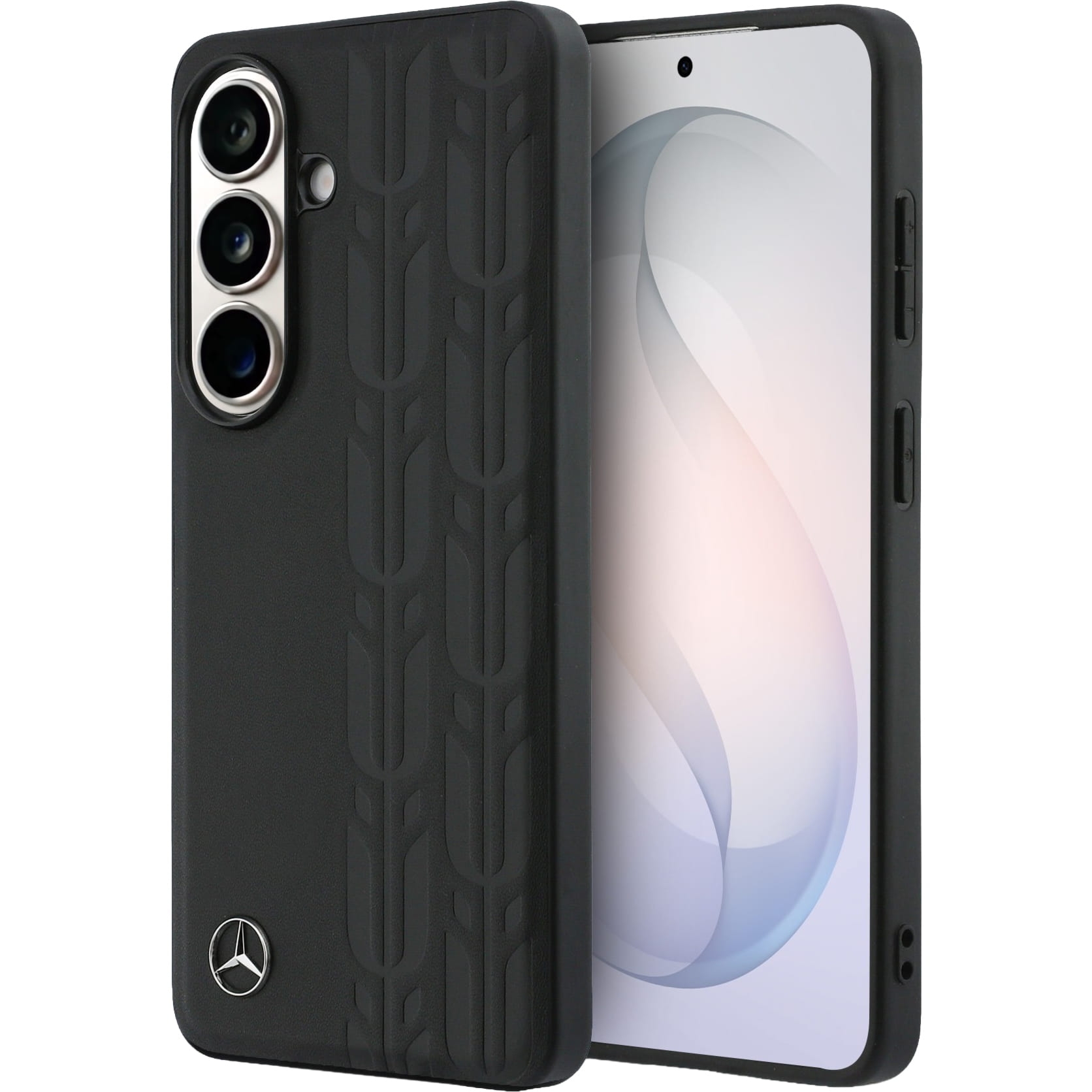 Etui Mercedes-Benz Leather Laurel Leaves Stripes do Galaxy S26 Ultra do MagSafe, czarne z eleganckim wzorem sportowym