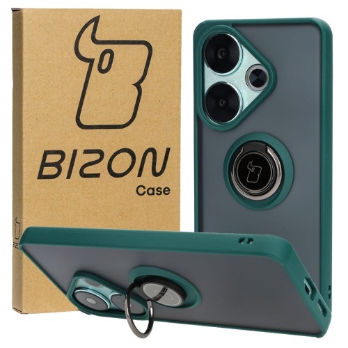 Image of Etui z uchwytem na palec Bizon Case Hybrid Ring do Xiaomi Poco F6, przydymione z ciemnozieloną ramką