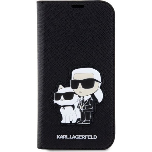 Image of Etui Karl Lagerfeld Bookcase Saffiano Karl and Choupette do iPhone 14 Pro, czarne