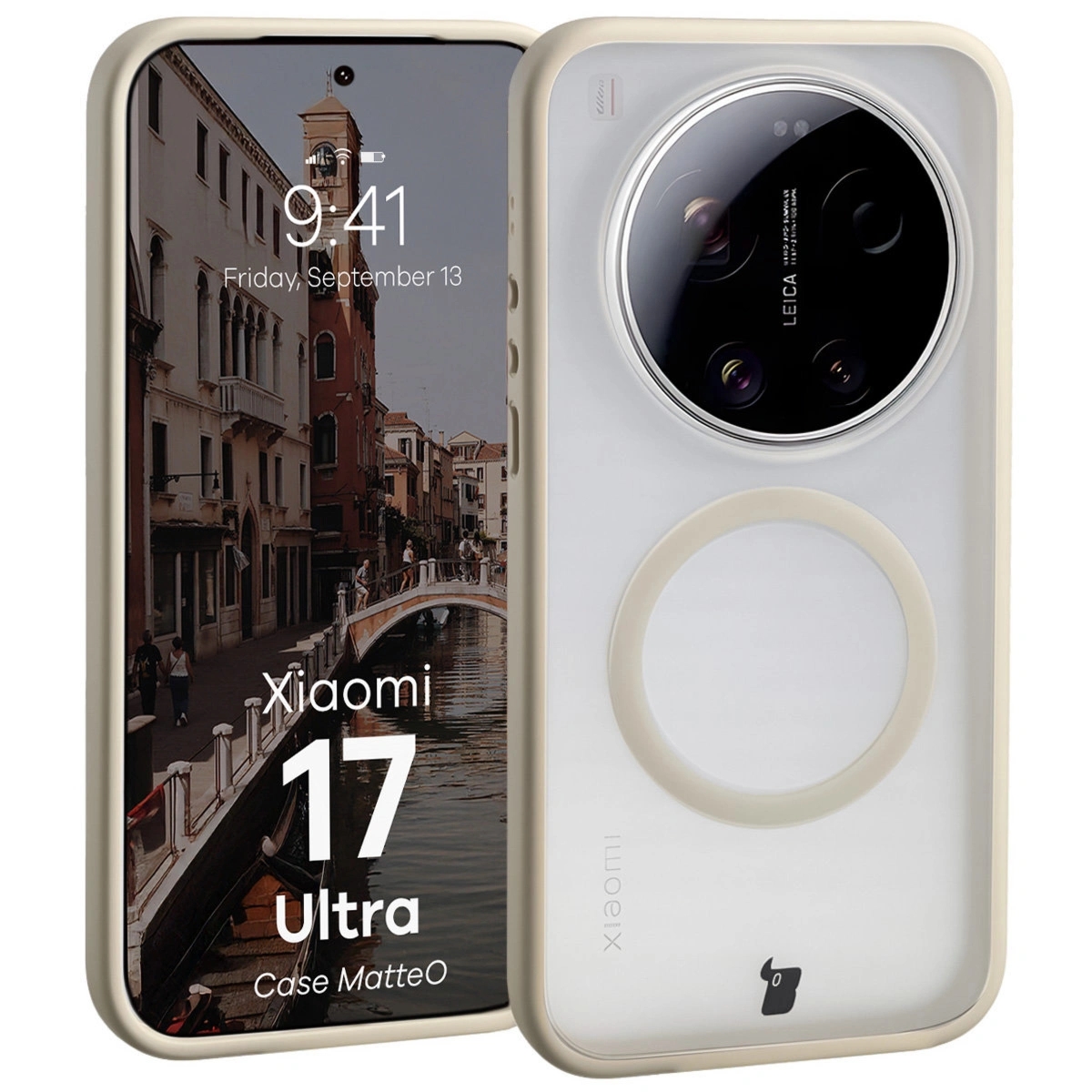 Etui z pierścieniem magnetycznym Bizon Case MatteO do Xiaomi 17 Ultra, przydymione-beżowe