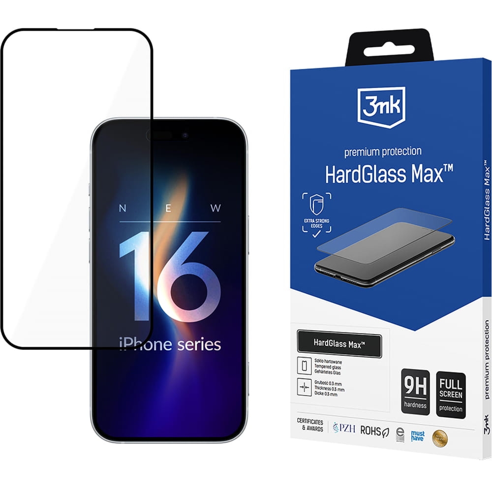 OUTLET: Szkło hartowane 3mk HardGlass Max do iPhone 16 Plus, czarna ramka