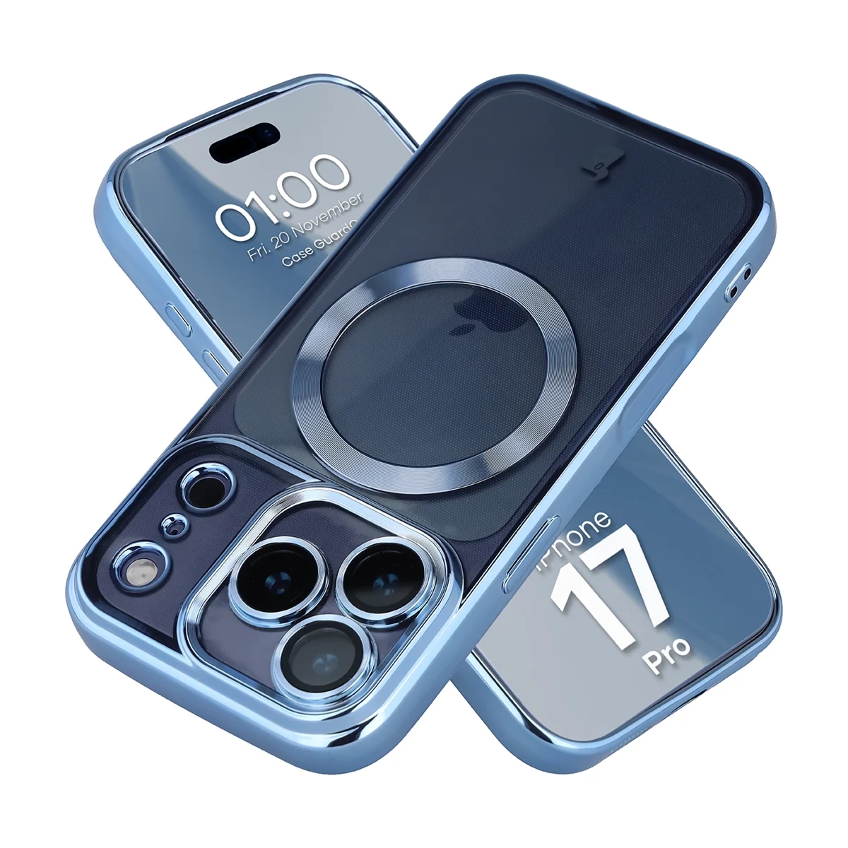 Etui z ochroną aparatu i pierścieniem magnetycznym Bizon Case GuardO do iPhone 17 Pro, przezroczysto-niebieskie