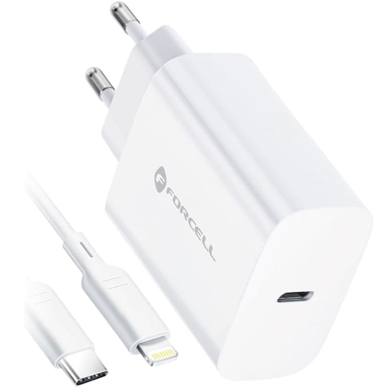 Image of Ładowarka sieciowa Forcell F-Energy 20W, USB-C, PD, QC 4.0, 3A + kabel Lightning, biała