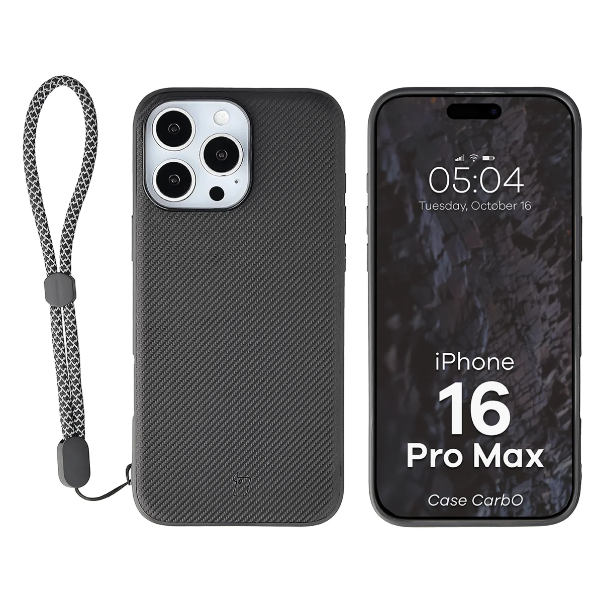 Etui ze smyczką na nadgarstek i pierścieniem magnetycznym Bizon Case CarbO do iPhone 16 Pro Max, czarne
