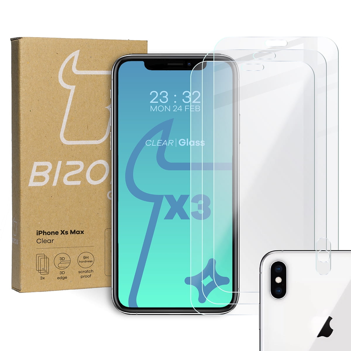 Image of 3x Szkło hartowane + szybka na aparat Bizon Glass Clear Pack, iPhone Xs Max