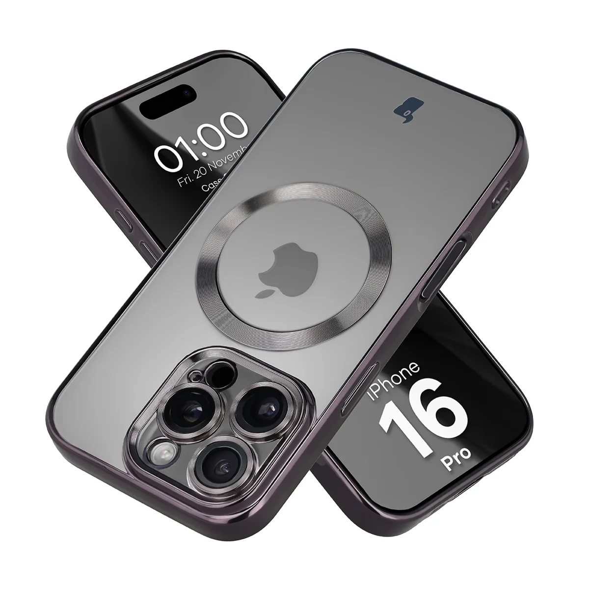 Etui z ochroną aparatu i pierścieniem magnetycznym Bizon Case GuardO do iPhone 16 Pro, przezroczysto-czarne