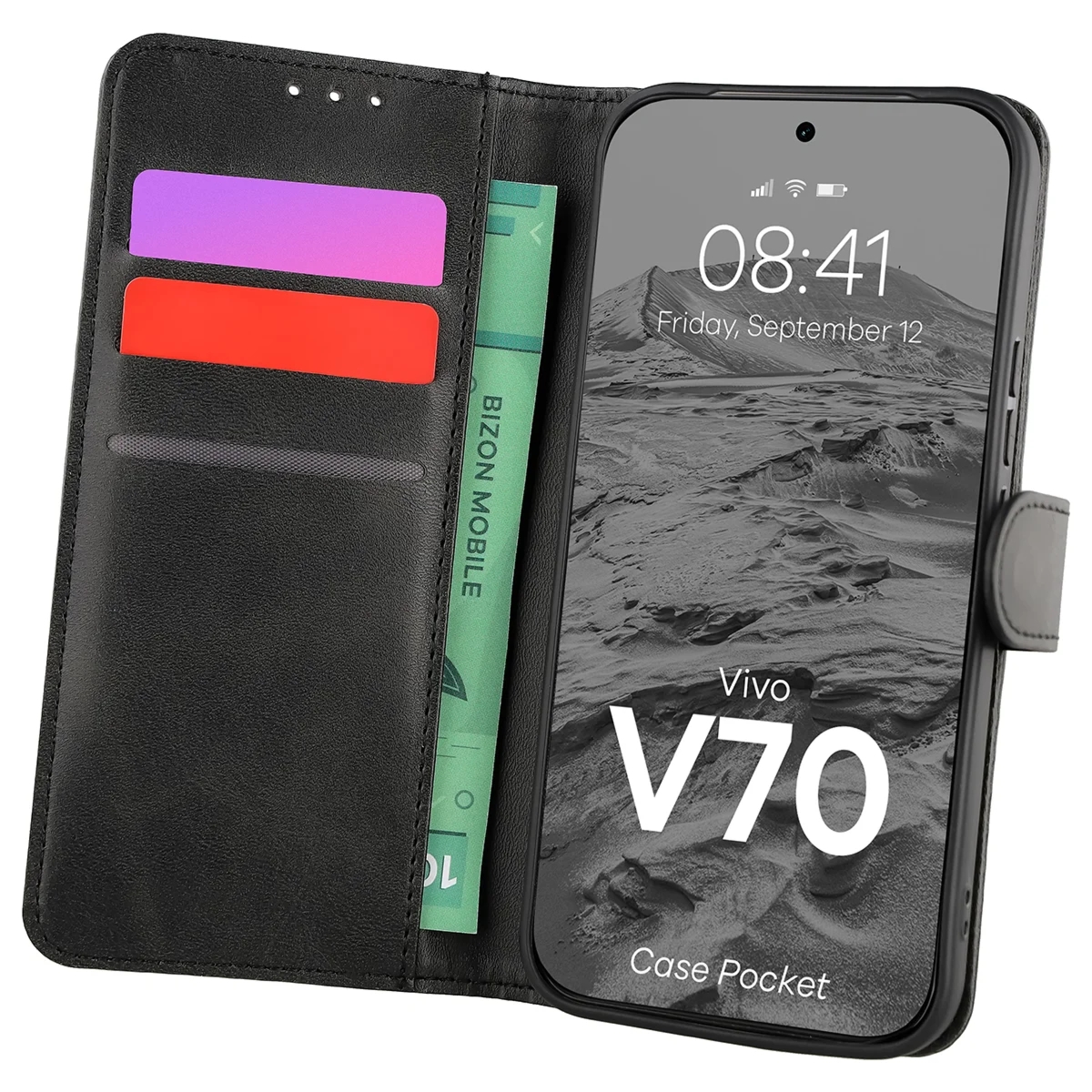 Etui z klapką Bizon Case Pocket do Vivo V70 5G, czarne