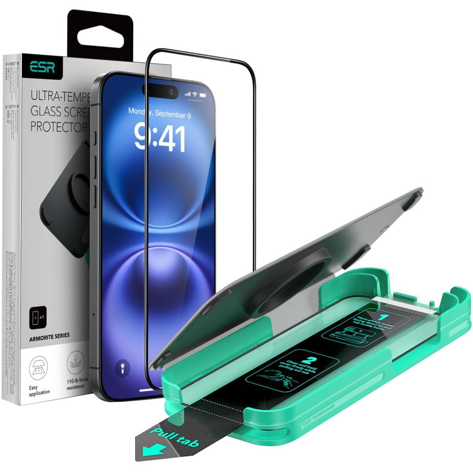 Image of Szkło hartowane na ekran z aplikatorem, ESR Armorite do iPhone 16 Plus, czarna ramka