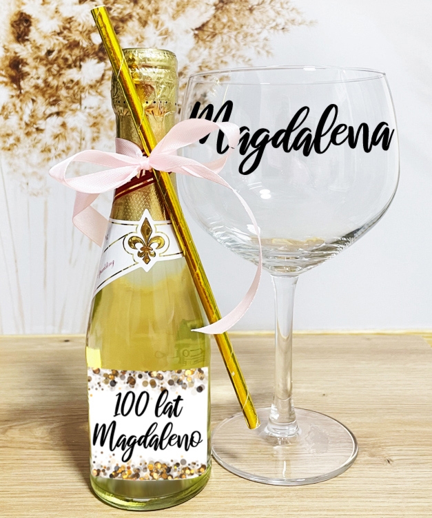 Zestaw prezentowy na urodziny - Szampan + kieliszek z personalizacją - Sparkle