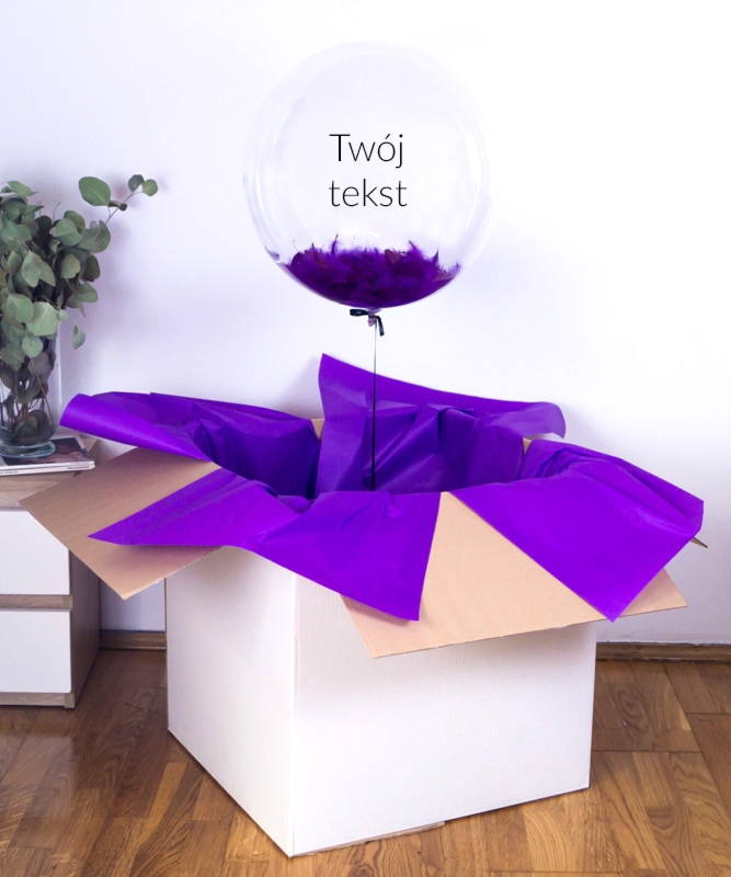 Fioletowy balon gigant kula z piórami i Twoim napisem w pudełku prezentowym