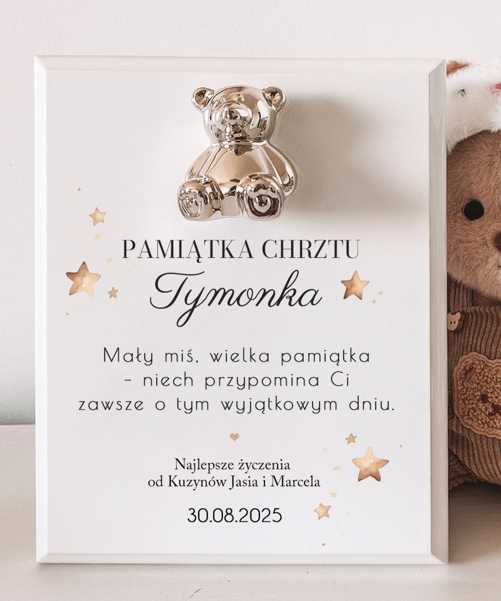 Pamiątka na chrzest z misiem i personalizacją GWIAZDKI
