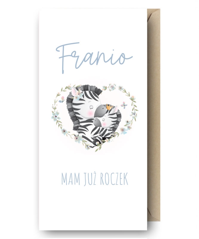 Urocza kartka na roczek dla chłopca - Zebry