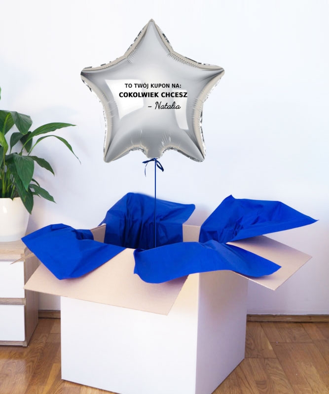 Balon srebrna gwiazdka w pudełku - prezent dla niego - Kupon