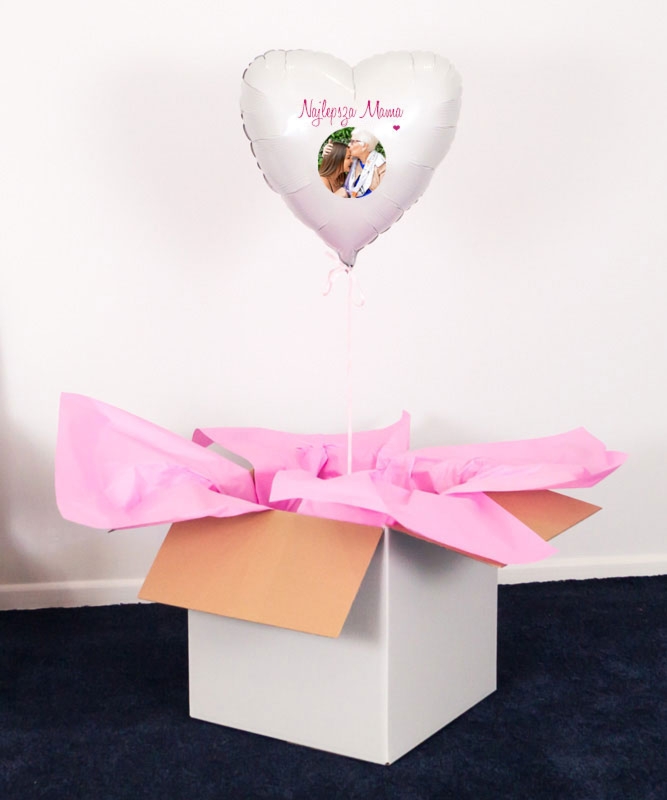 Prezent na Dzień Mamy ze zdjęciem - biały balon serce z helem
