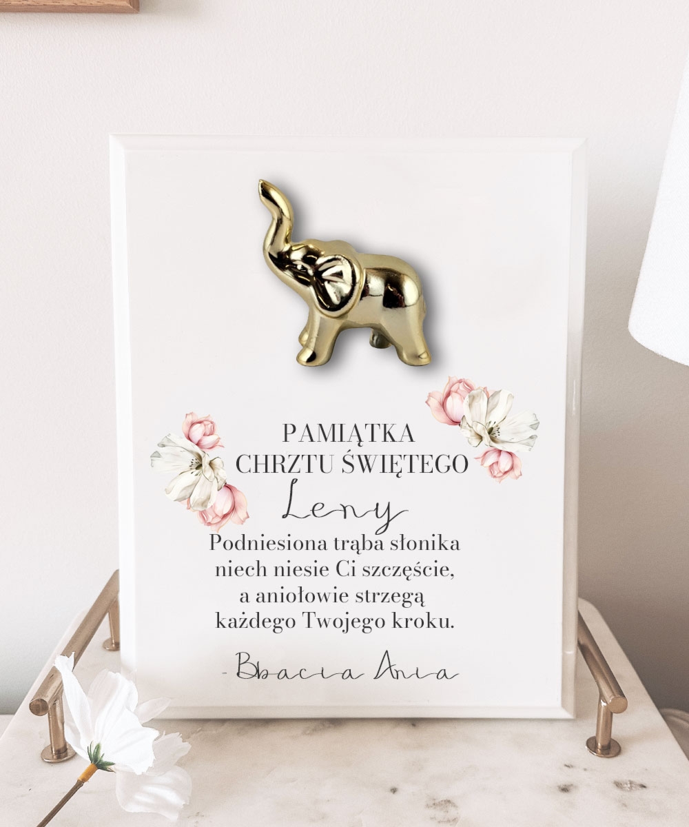Obrazek na chrzest ze słonikiem dla dziecka na szczęście z personalizacją
