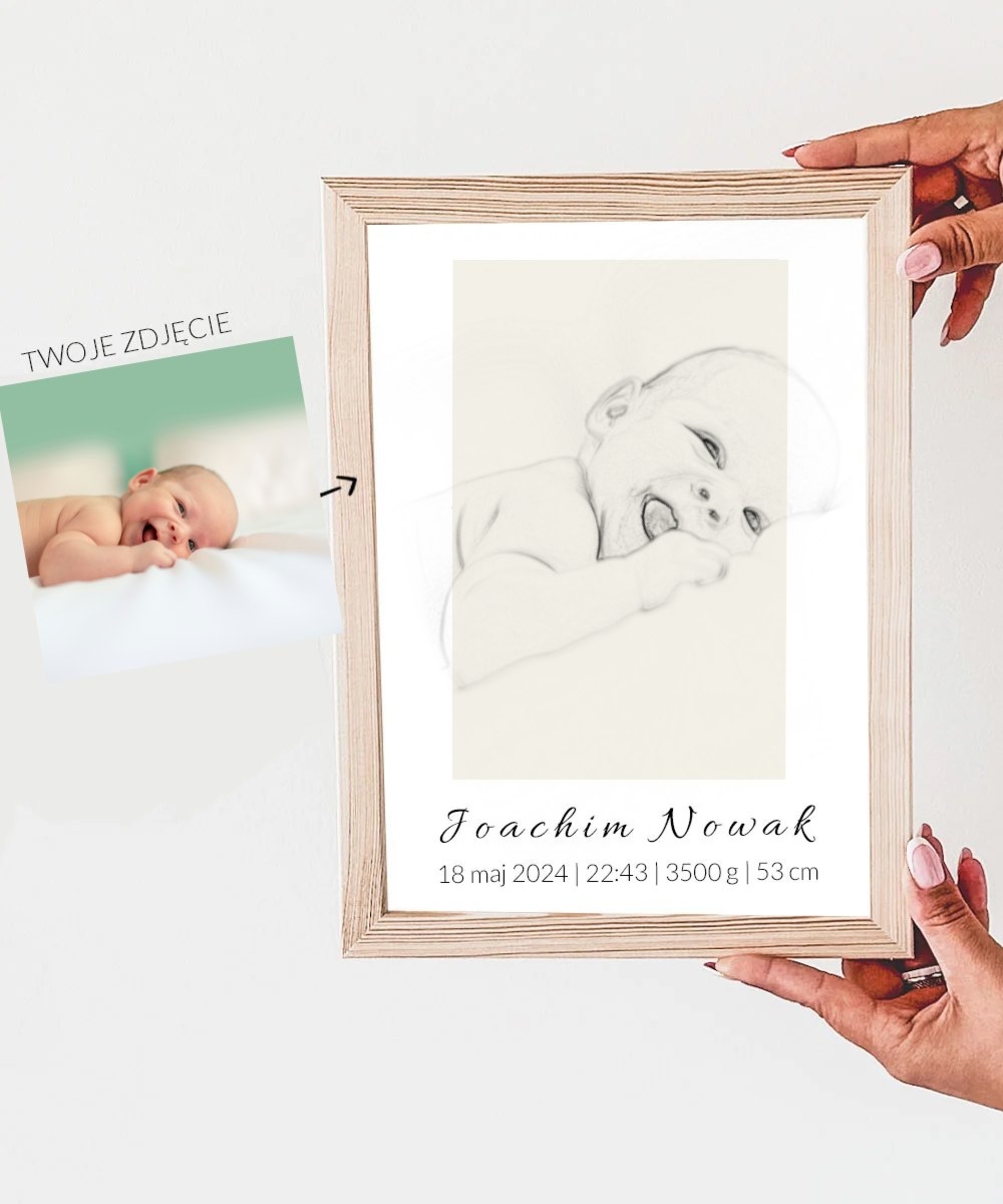 Prezent na narodziny dziecka - Szkic z metryczką Efekt z Twojego zdjęcia