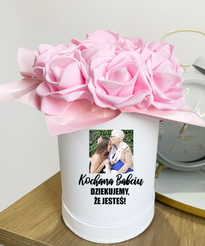 Prezent dla Babci ze zdjęciem - Flower Box z różami DZIĘKUJEMY