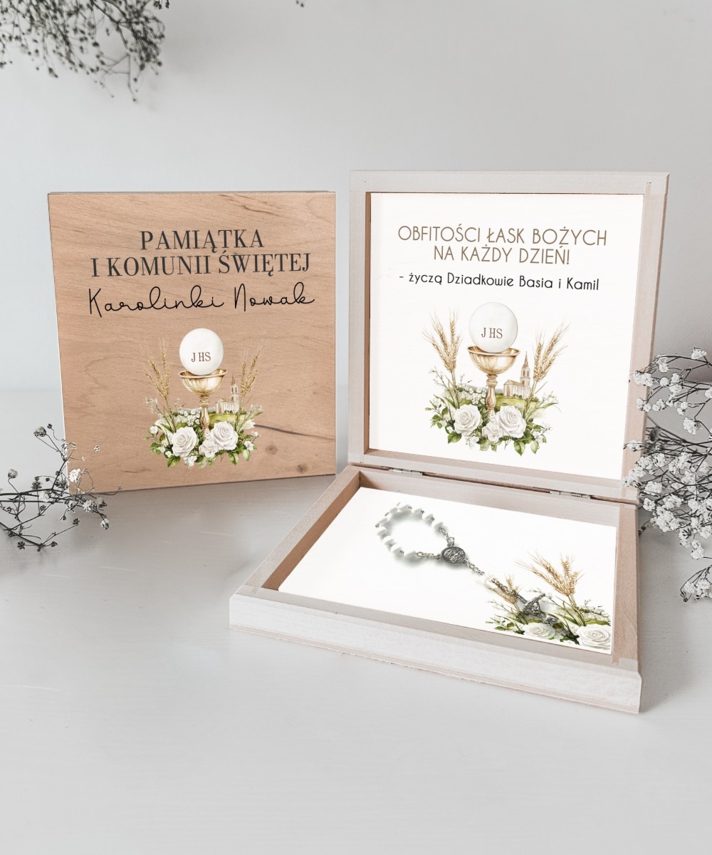 Dziesiątek różańca w pudełku prezent na I Komunię Świętą - Hostia z kłosem