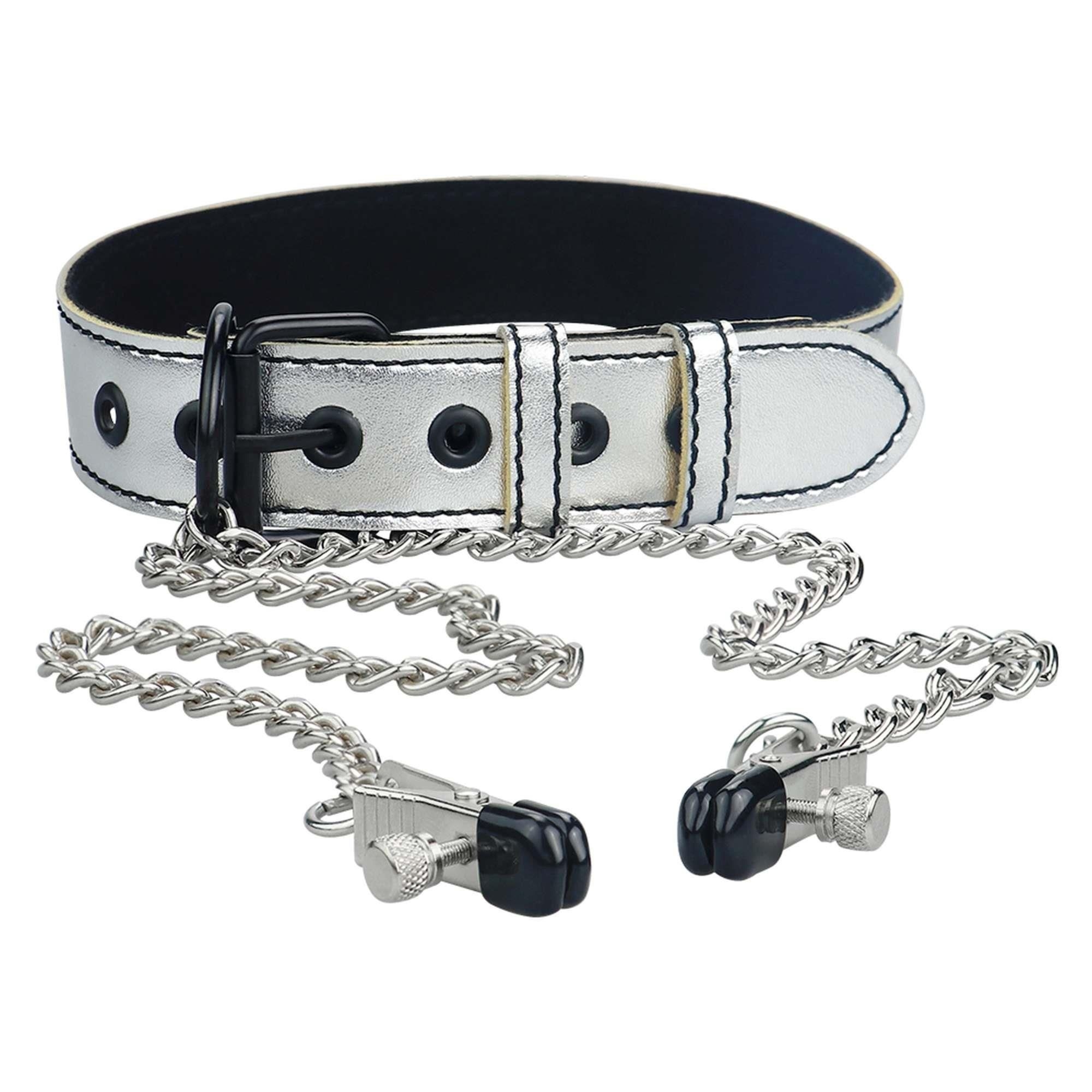 Akcesoria Bondage Metallic Silver Collar With Nipple Clamp Lovetoy | 100% ORYGINAŁ