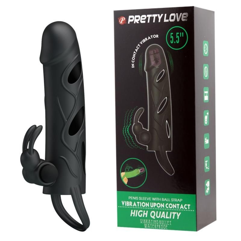 Nakładka na Penisa Penis Sleeve With Ball Strap Vibration Black Pretty Love Wibrujący Czarny | 100% ORYGINAŁ