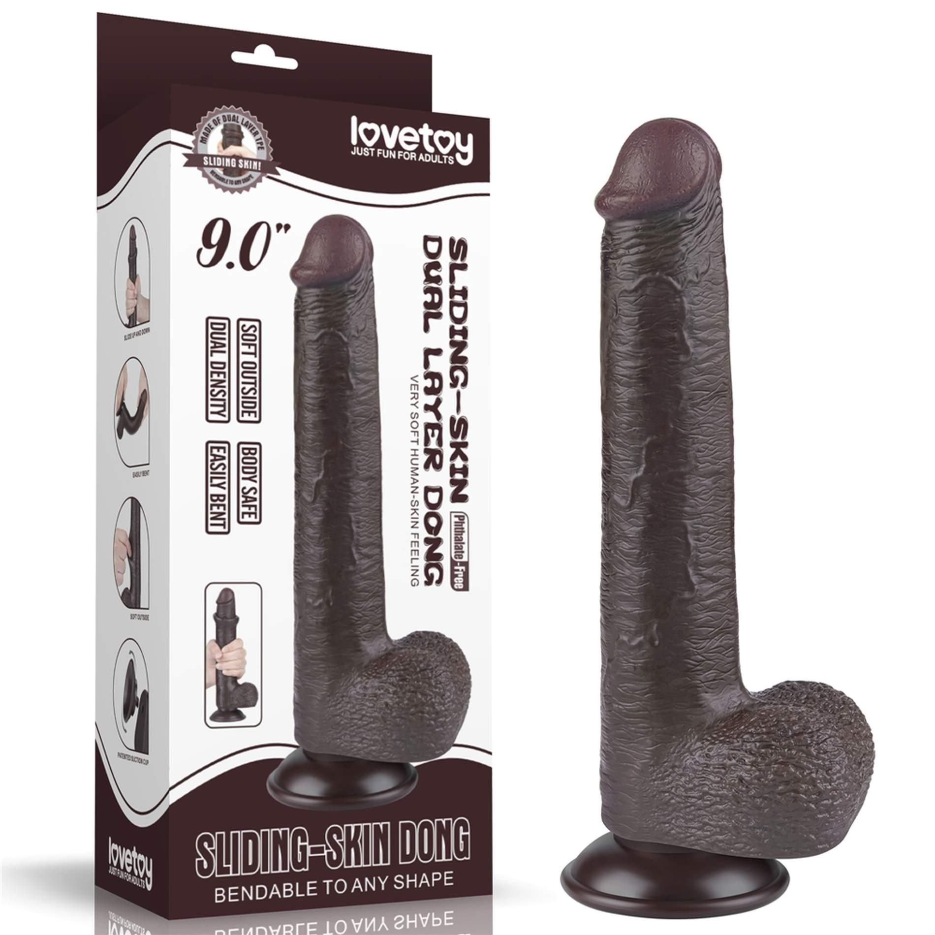 Dildo z Przyssawką Sliding Skin Dual Layer Lovetoy 22,9 Cm Czarny | 100% ORYGINAŁ| DYSKRETNA PRZESYŁKA