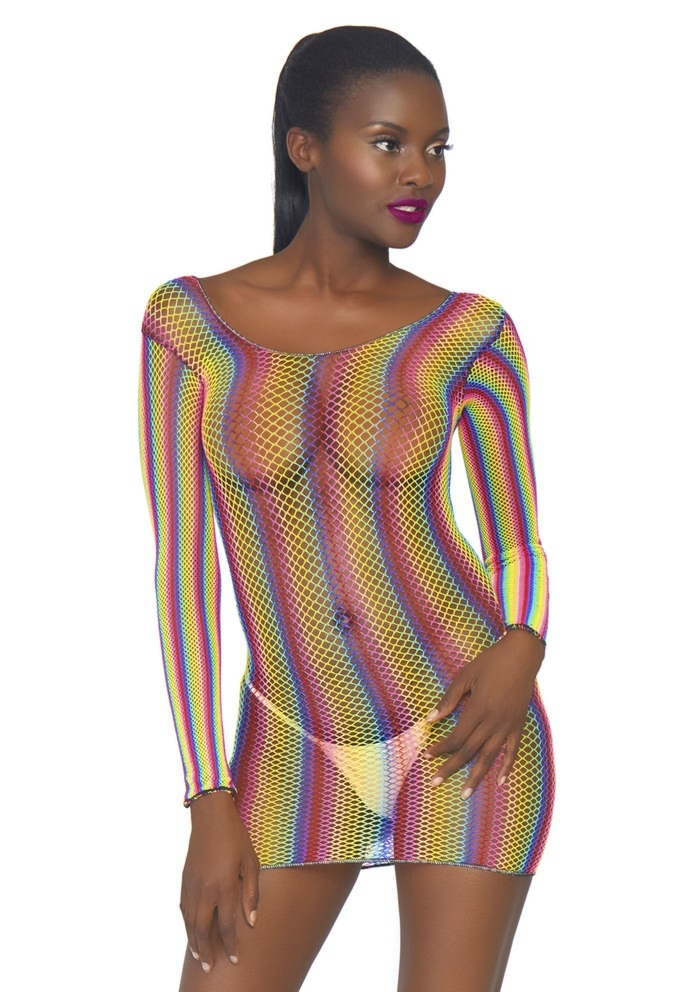 Siateczkowa, tęczowa sukienka Rainbow fishnet mini dress