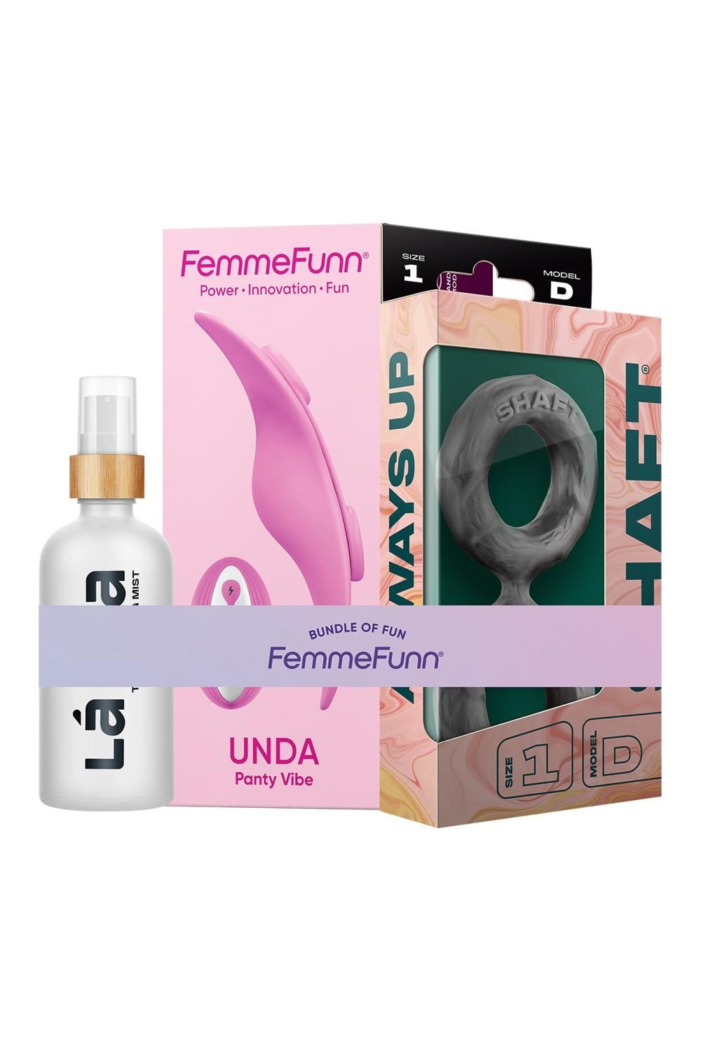 Zestaw gadżetów Bundle for Fun FemmeFunn Unda, Shaft Double C-Ring, La Nua Mist