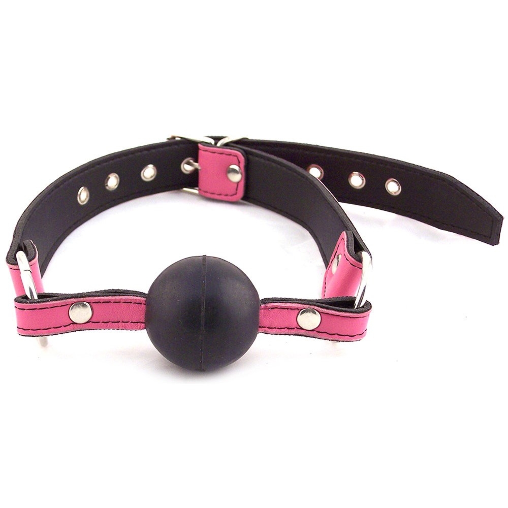Skórzany knebel z gumową kulką Rouge Ball Gag with Black Ball Pink