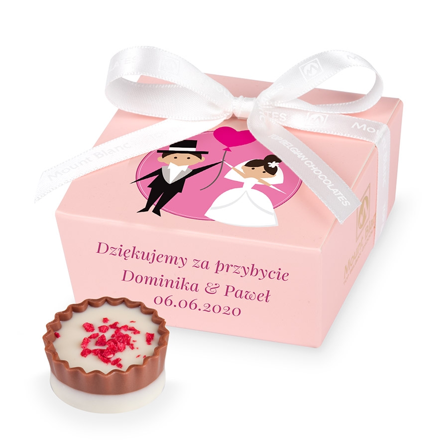 czekoladki podziękowania dla gości weselnych mini ballotin pink no.2 z twoim tekstem