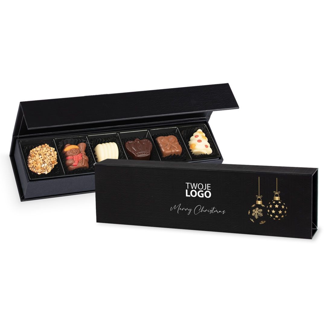Czekoladki świąteczne dla firm Christmas Chocolate Box Long Black Mini z logo i życzeniami