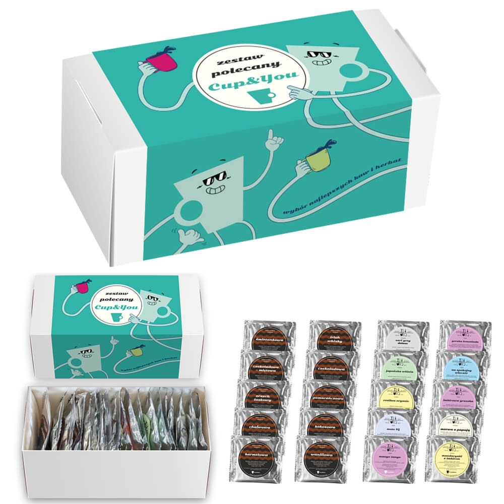 Gotowy zestaw prezentowy kawy i herbaty polecane, herbata sypana PREMIUM różne smaki 10szt. kawa aromatyzowana 10szt. prezent upominek dla Mamy taty s