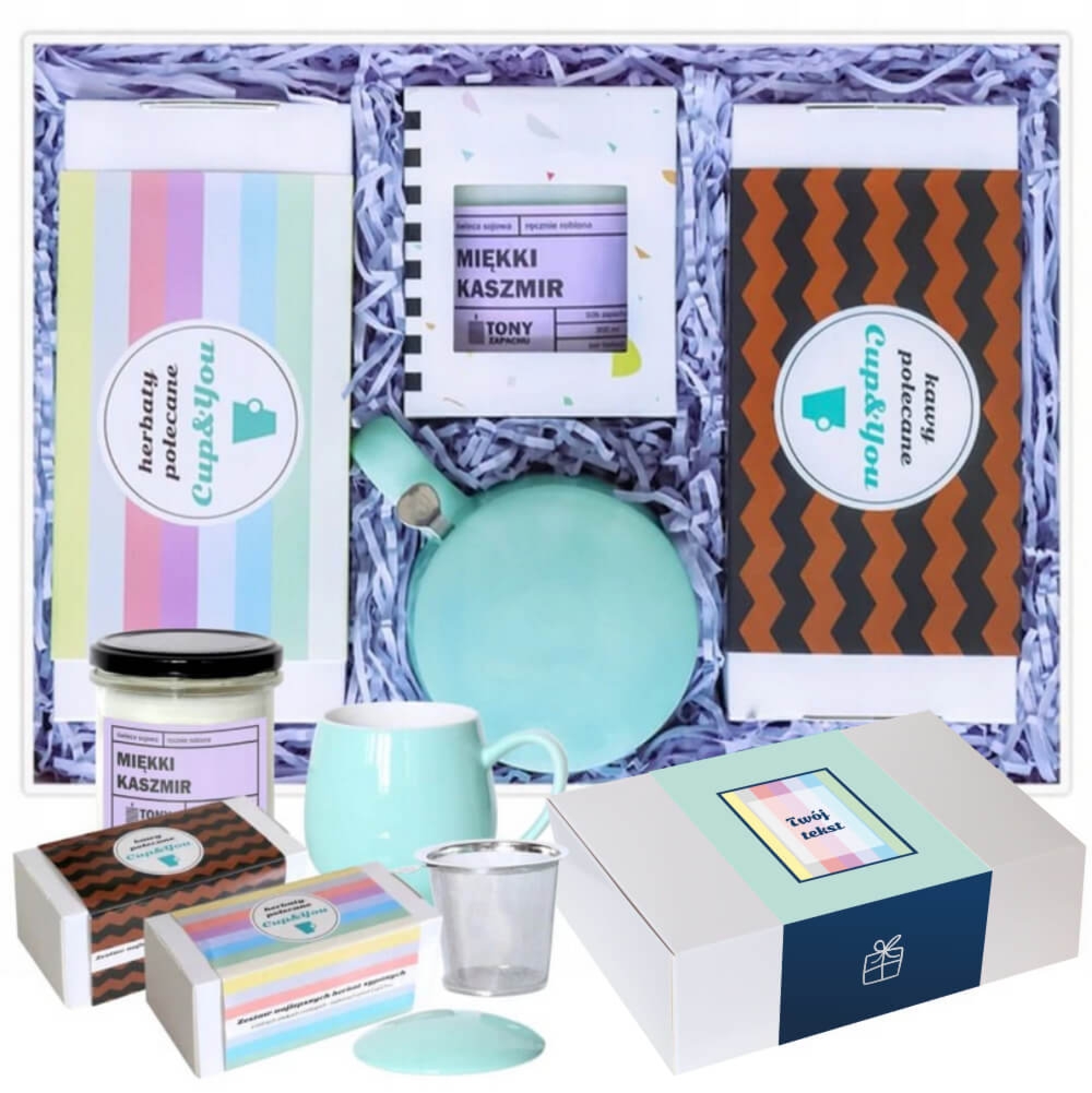 Personalizowany zestaw prezentowy „The Best Box“ kawy i herbaty smakowe PREMIUM kubek zaparzacz świeca sojowa prezent na wyjątkową okazję dla kobiety