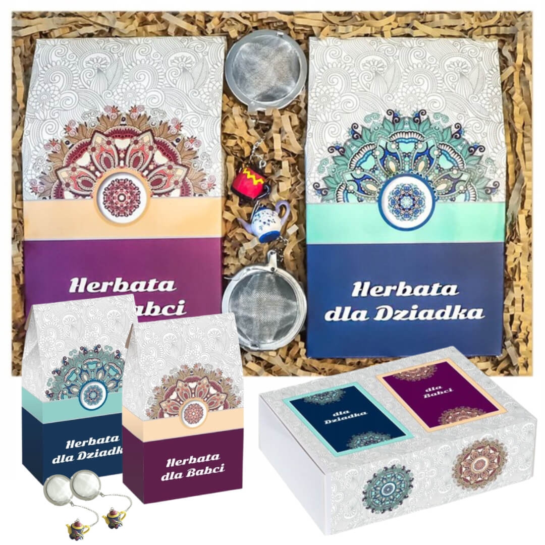 Gotowy zestaw prezentowy „Box dla Babci i Dziadka“ herbaty smakowe PREMIUM x2 zaparzacz 2szt. prezent upominek na Dzień Babci i Dziadka dla dziadków