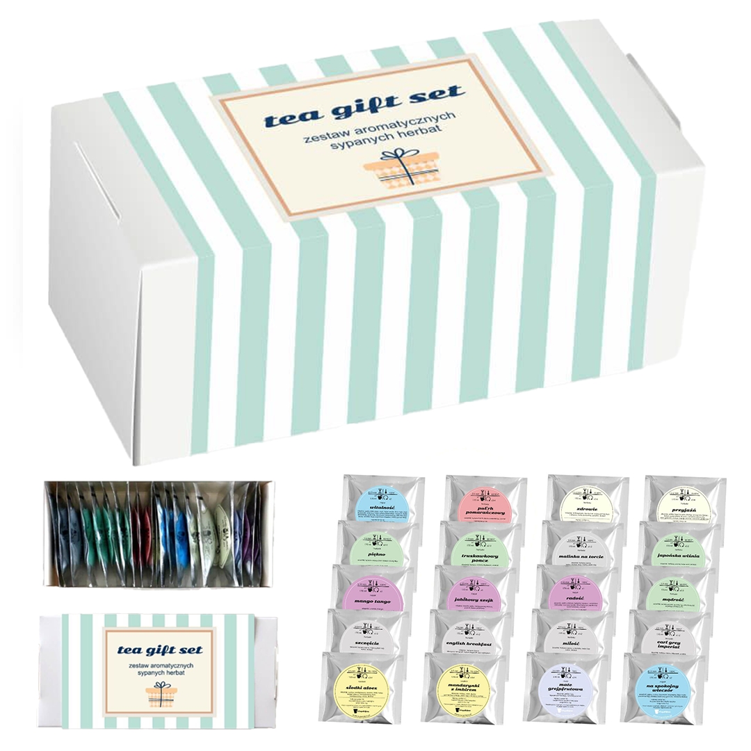 Gotowy zestaw prezentowy „TEA GIFT SET“ herbaty sypane PREMIUM różne smaki 20szt. prezent upominek na imieniny urodziny dla kobiety faceta żony męża