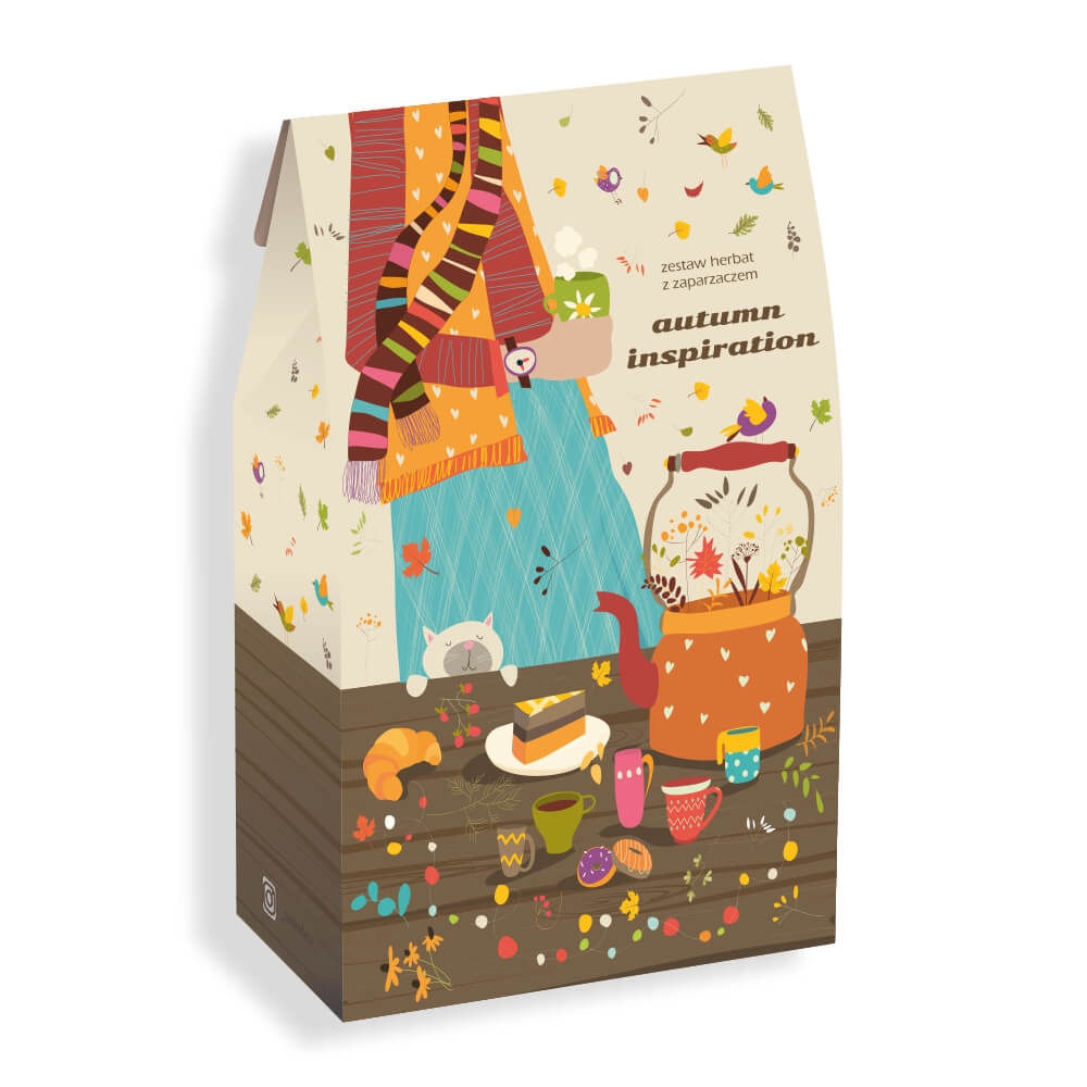 Gotowy zestaw prezentowy „Autumn inspiration“ herbata smakowa PREMIUM 10szt. zaparzacz prezent upominek na jesień dla kobiety mamy taty żony męża