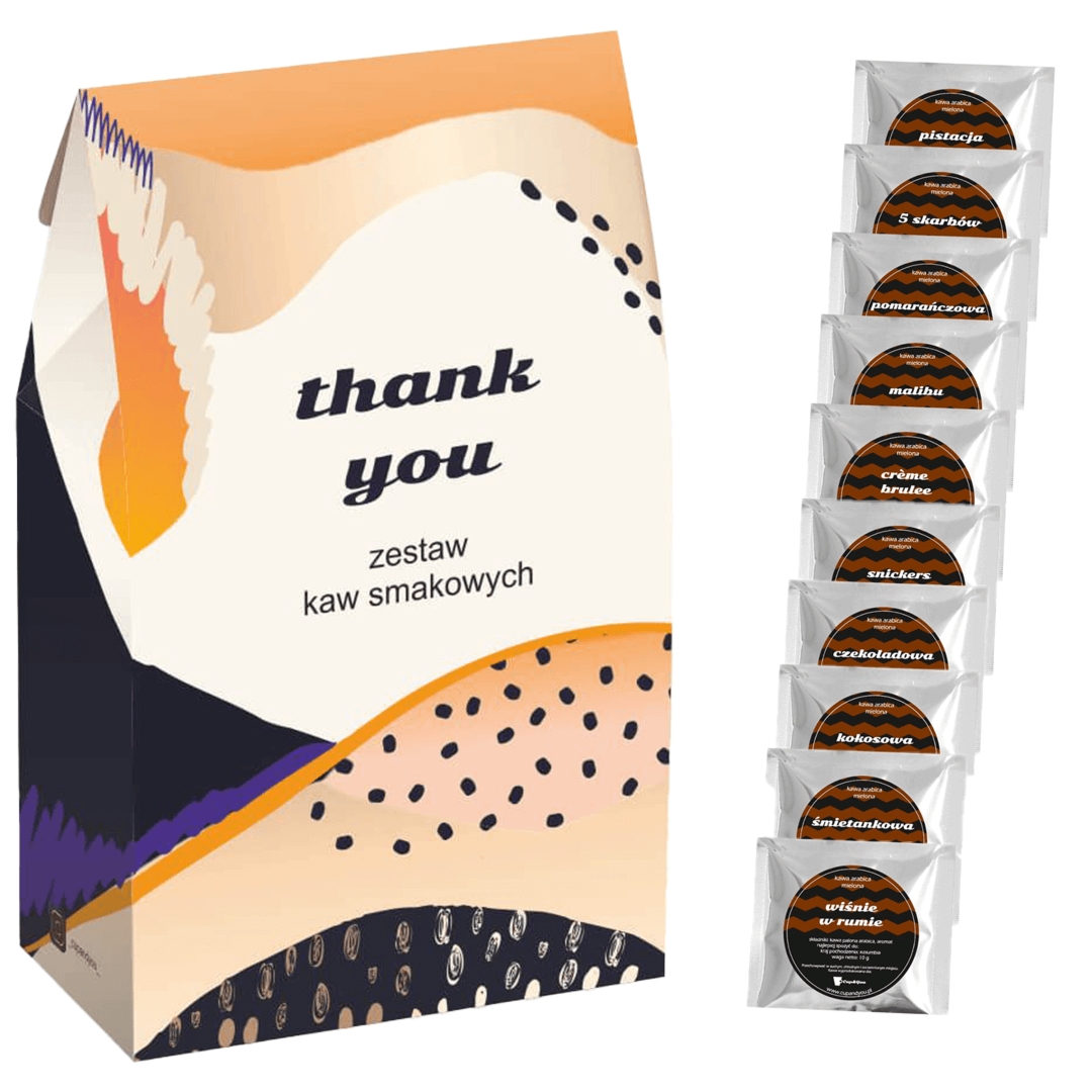 Gotowy zestaw prezentowy „Thank You“ kawa aromatyzowana PREMIUM mix 10szt. prezent upominek podziękowanie kobiety faceta mężczyzny mamy taty żony męża