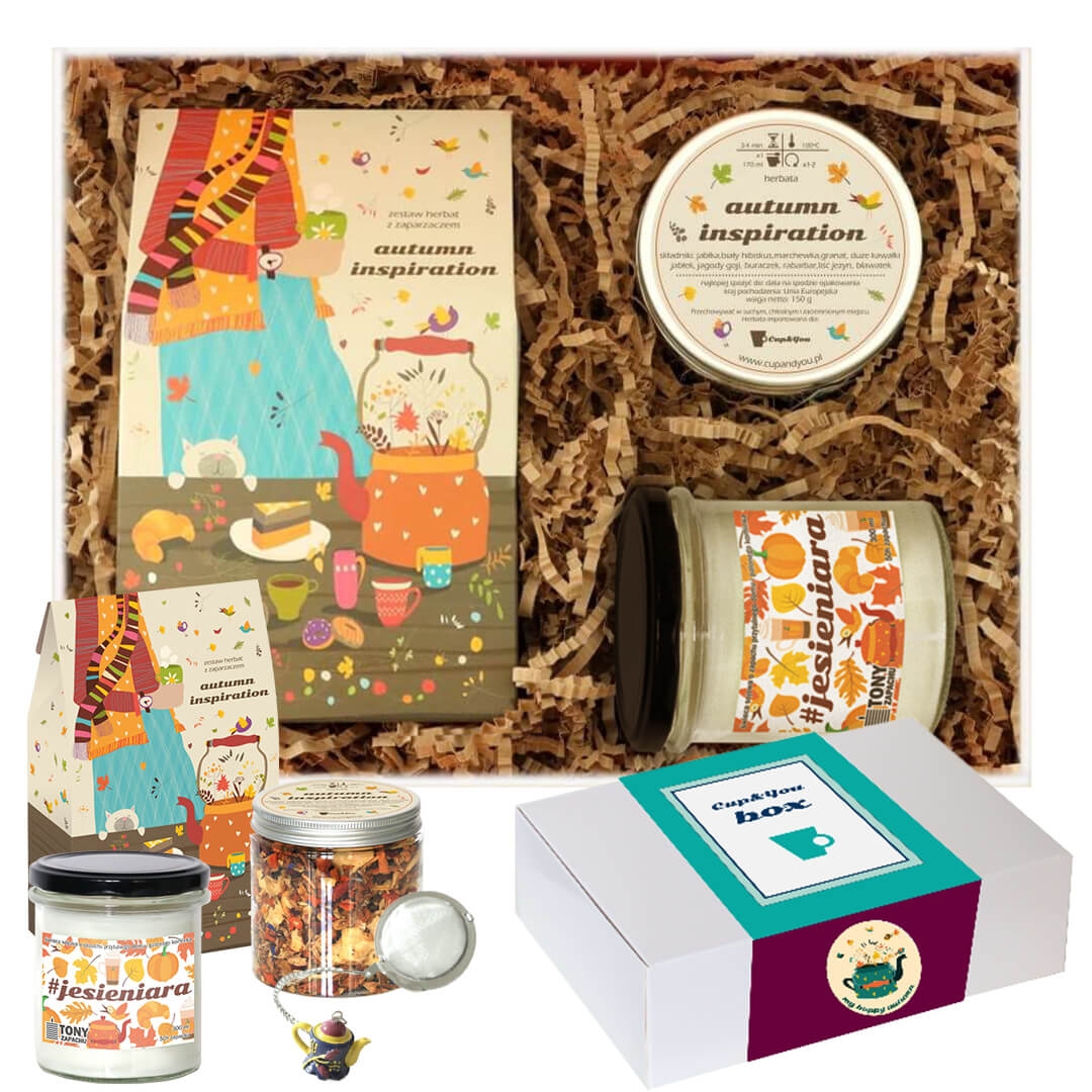 Gotowy zestaw prezentowy „Box AUTUMN INSPIRATION“ herbata mix 10szt. zaparzacz herbata PREMIUM świeca sojowa prezent upominek na jesienne wieczory